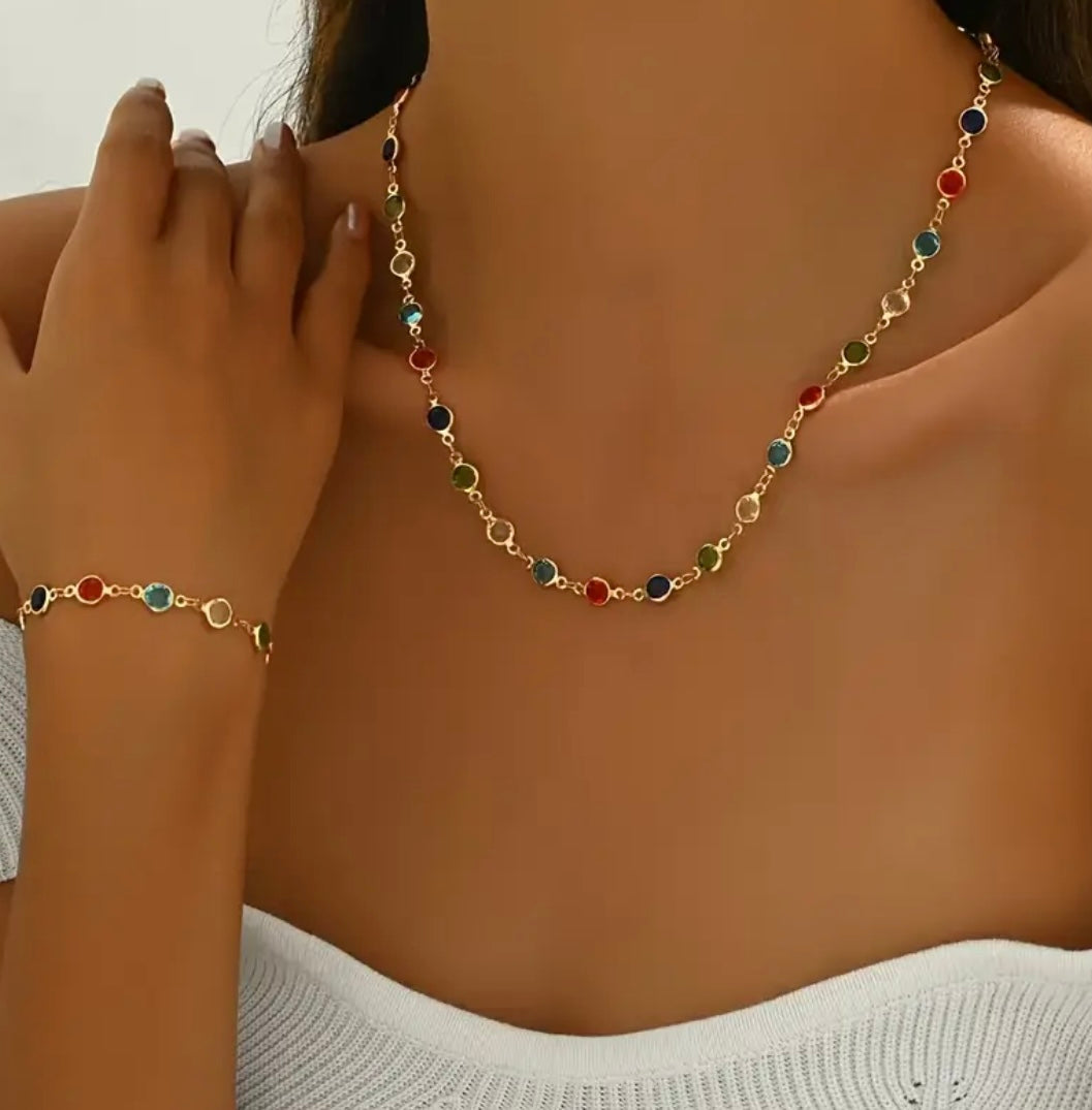 Rainbow Gemstone Station Necklace & Bracelet Set