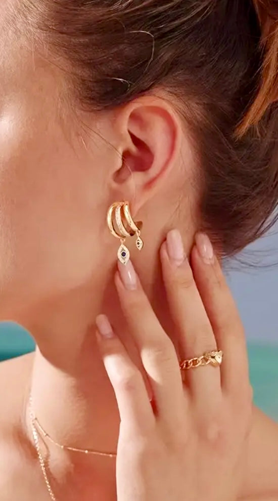 Rhinestone & Blue Stone Gold Dangle Hoops
