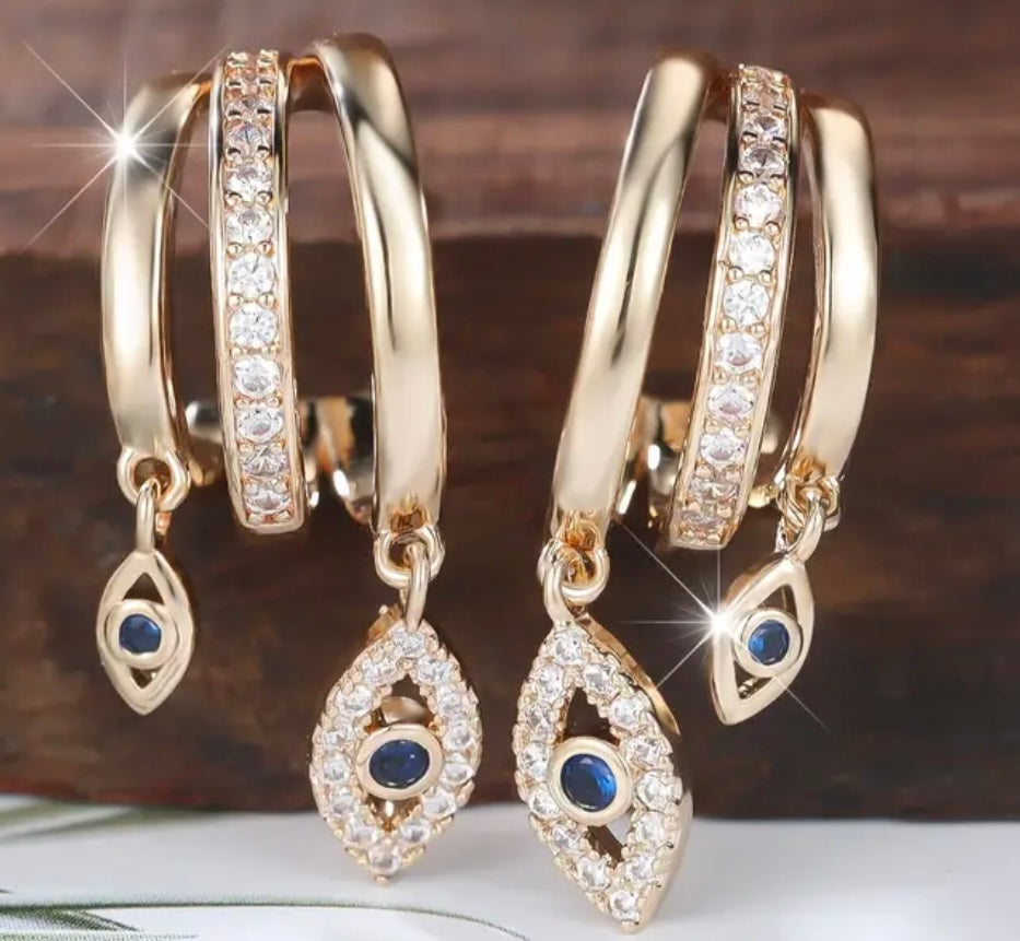 Rhinestone & Blue Stone Gold Dangle Hoops