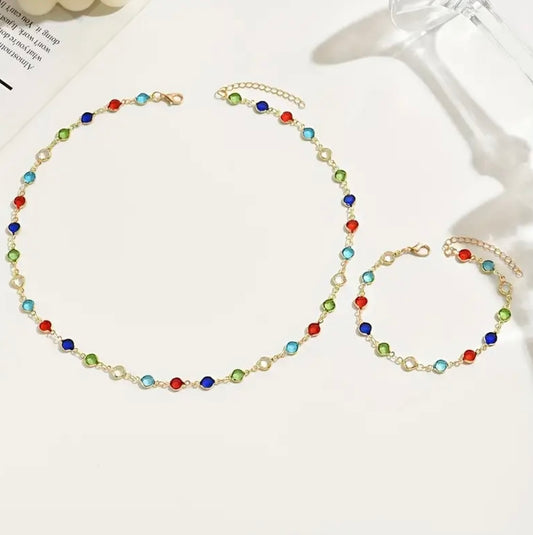 Rainbow Gemstone Station Necklace & Bracelet Set