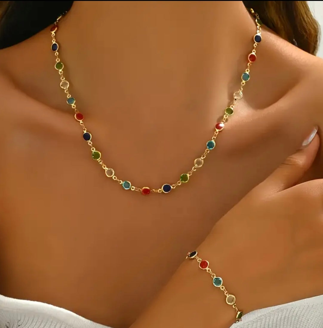 Rainbow Gemstone Station Necklace & Bracelet Set