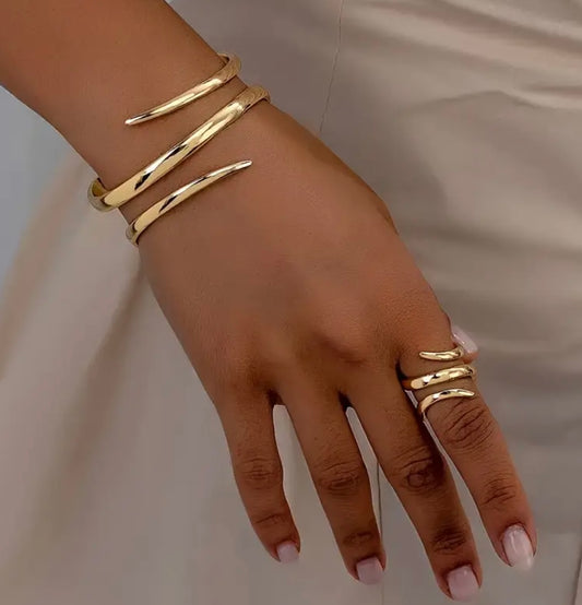 Sculptural Gold Cuff Bracelet & Ring Set